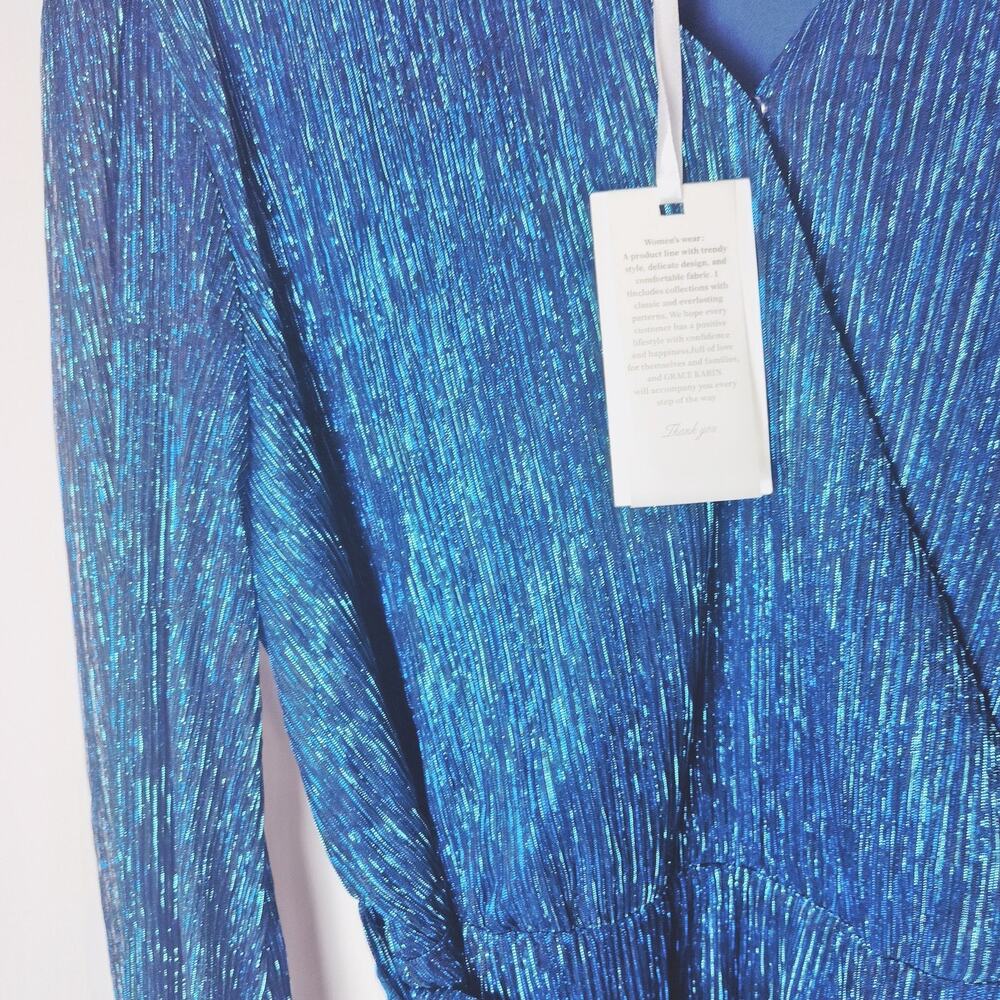 Grace Karin Blue 2XL Sparkly Long Sleeve Dress New - Picture 2 of 7